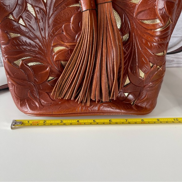Patricia Nash Cognac Embossed Leather Shoulder Bag Cut Out Tooled Tassels - Picture 6 of 9
